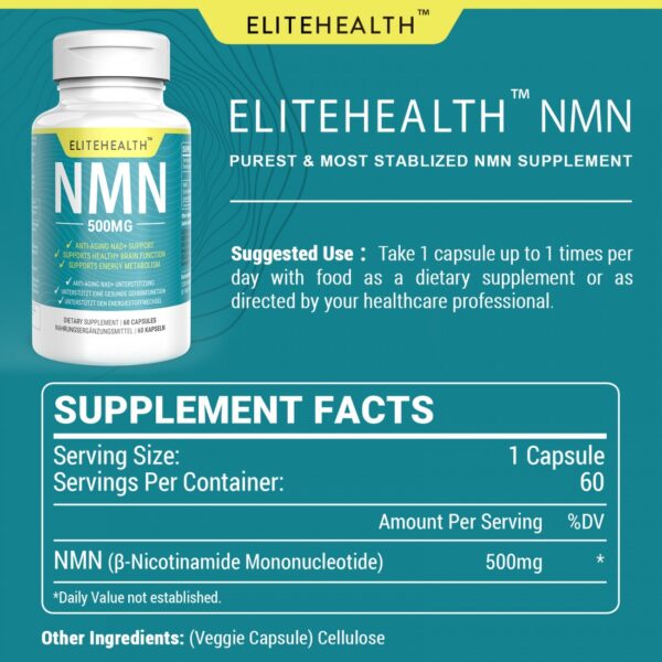 ELITE HEALTH NMN 500 mg Vegano 60 Cápsulas por frasco Suministro para 2 Meses - Imagen 2